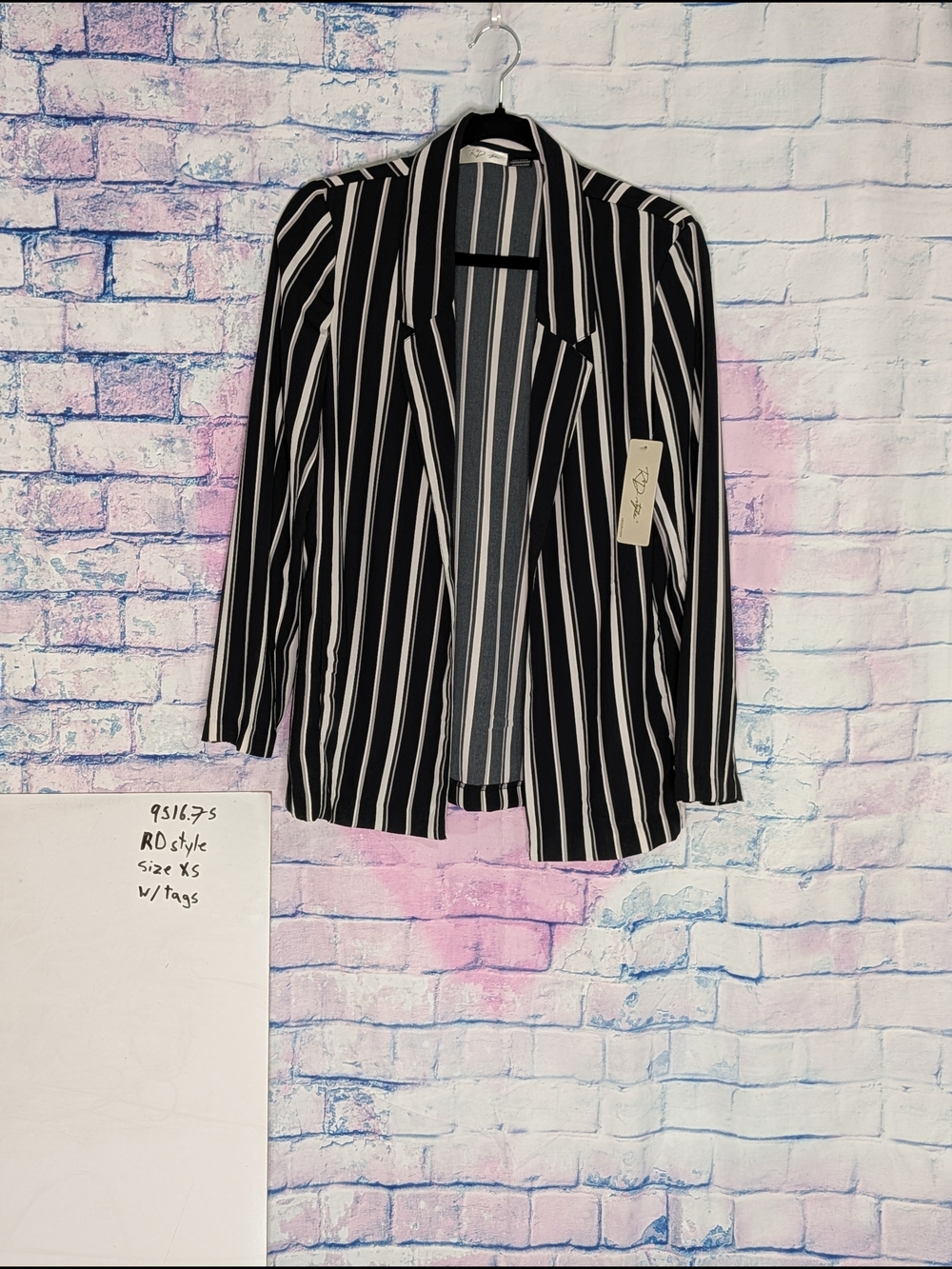 RD Style Black and White Vertical Stripe Open Blazer